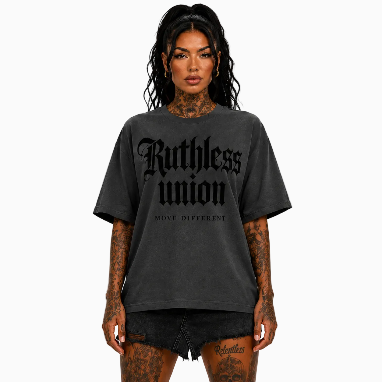 RU LADY - OVERSIZED MAJESTIC TEE HEAVY - WASHED BLACK ON BLACK